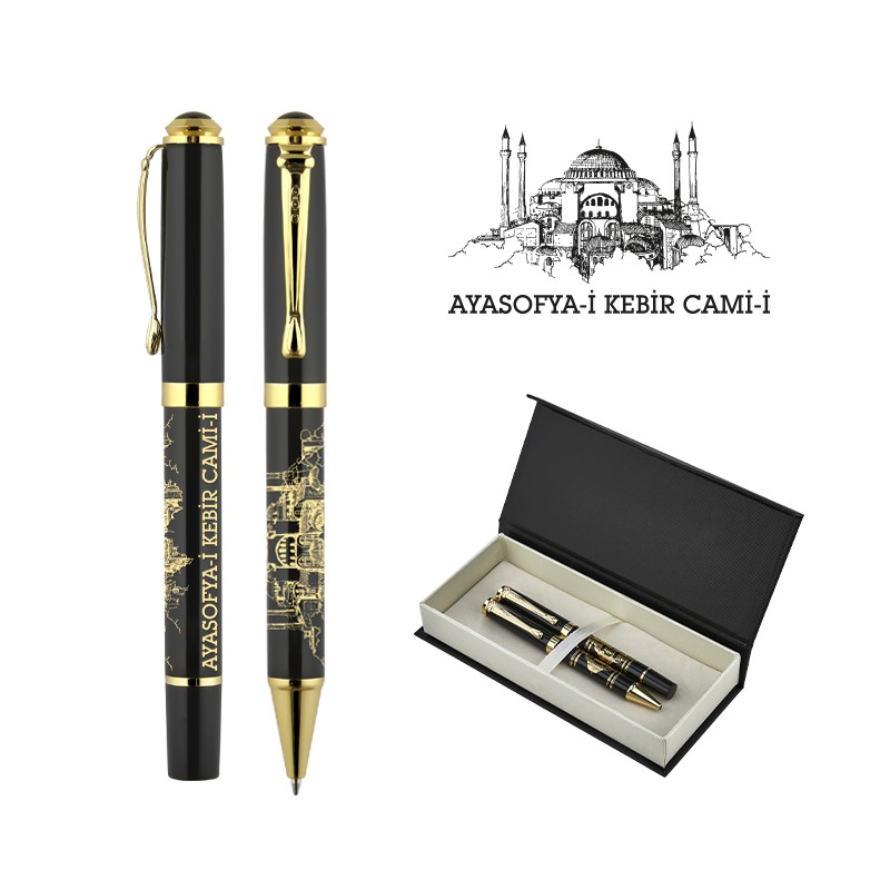 KP02123-0207 Kabartma Figürlü Metal Roller & Tükenmez Kalem Seti / Ayasofya